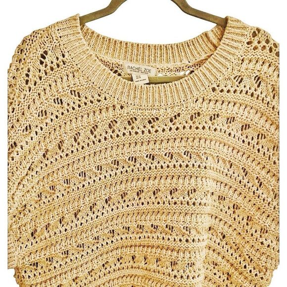 Rachel Zoe Tan Metallic Crochet Cropped Sweater Bohemian Cottagecore Size XL - Picture 2 of 6